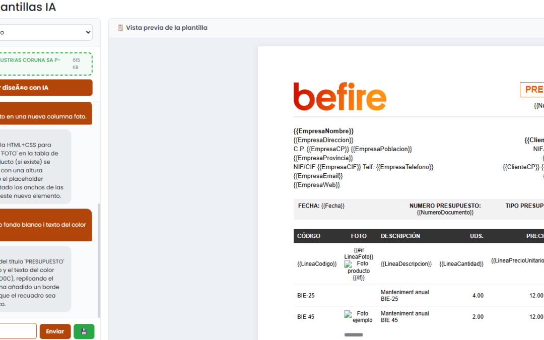 Diseñador de plantillas con IA de Befire con vista previa de un presupuesto