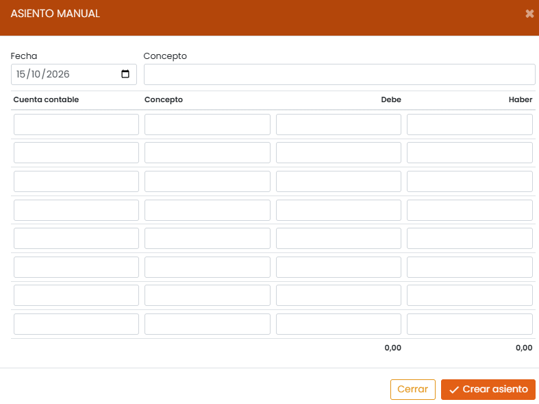 Formulario de asiento manual en Befire con fecha, concepto, cuentas, debe y haber