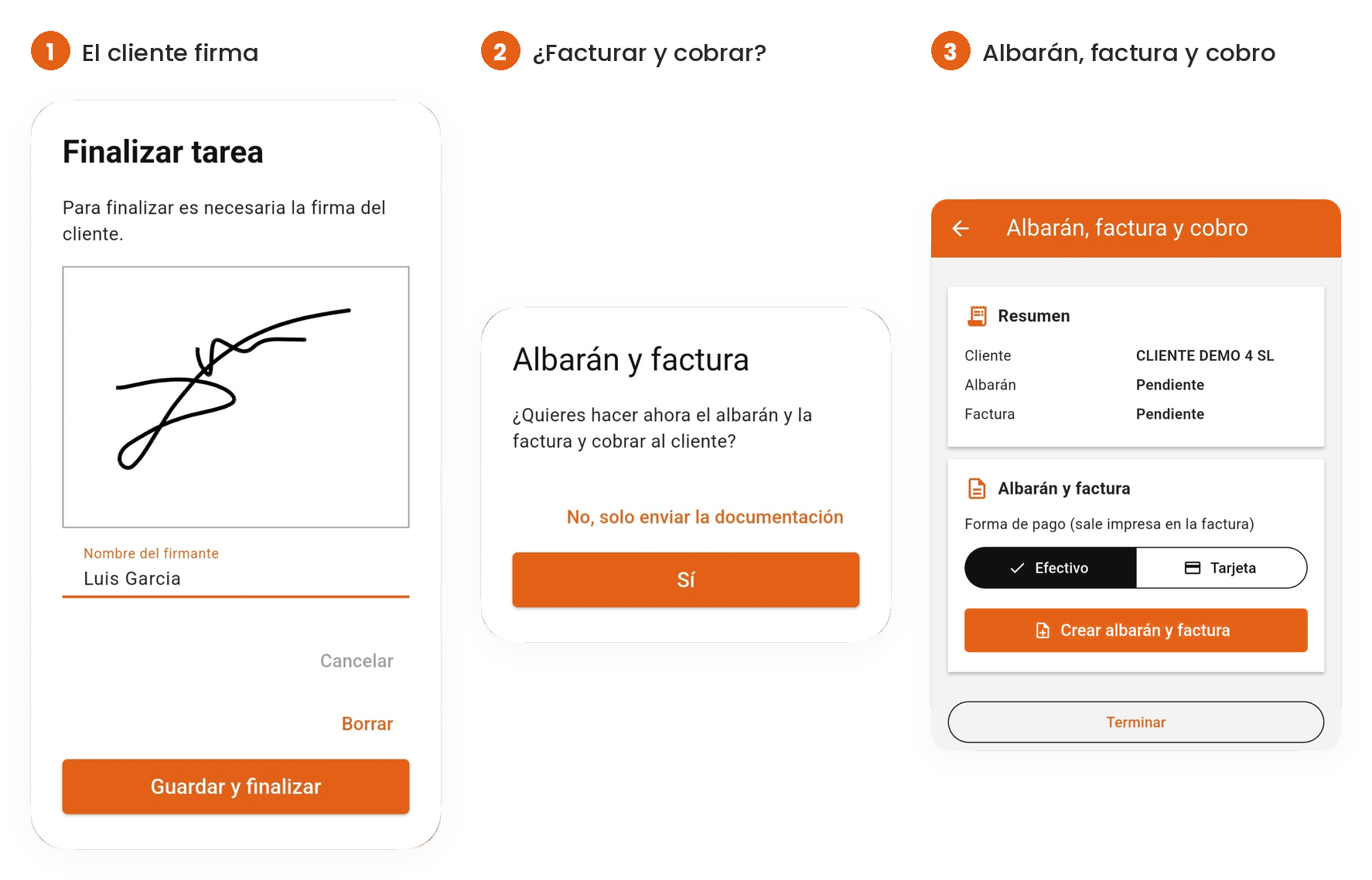 App móvil de Befire: el cliente firma al finalizar la tarea, la app pregunta si facturar y cobrar, y se crean el albarán y la factura con la forma de pago
