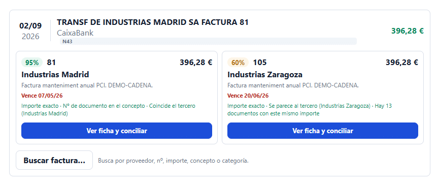 Conciliación bancaria en Befire con sugerencias de facturas ordenadas por probabilidad