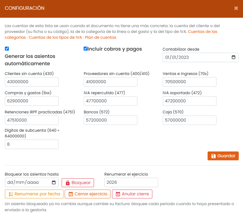 Configuración de la contabilidad en Befire con las cuentas por defecto, la generación automática de asientos, el bloqueo de periodos y el cierre del ejercicio