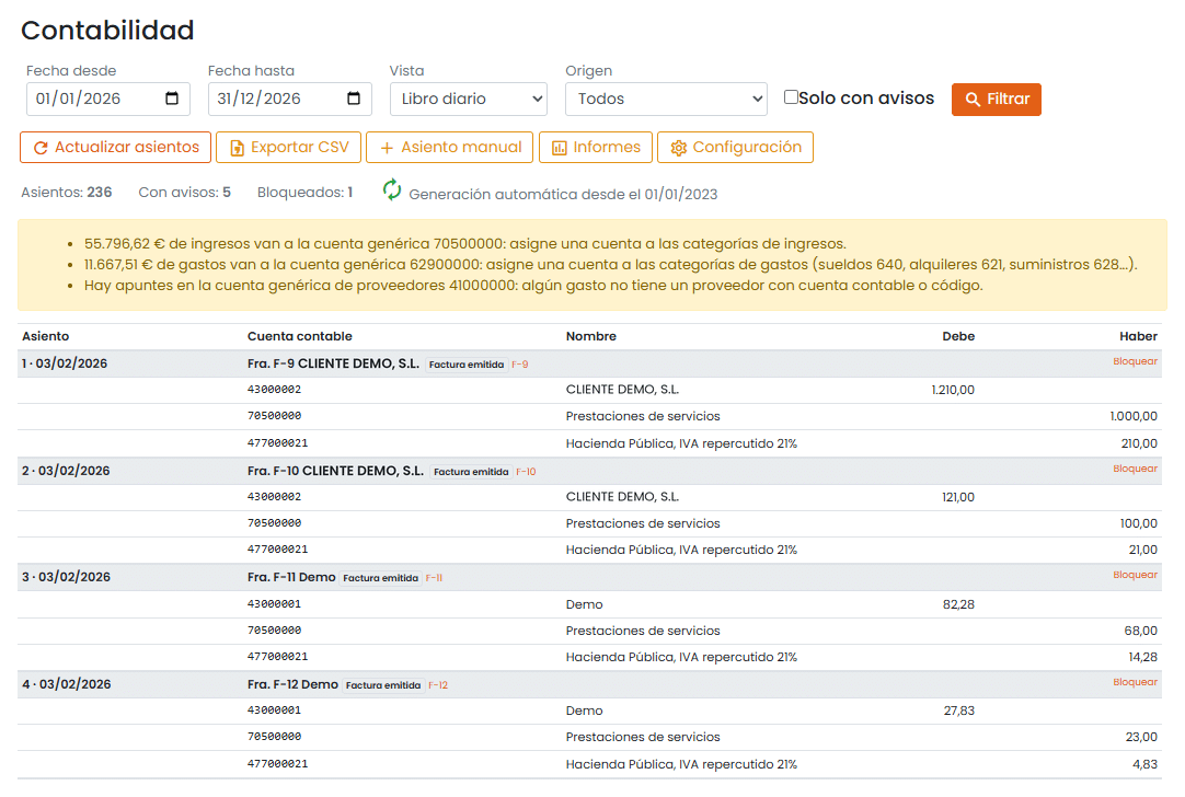 Libro diario de Befire con asientos automáticos de facturas emitidas, avisos de cuentas genéricas y botones Actualizar asientos, Exportar CSV y Asiento manual