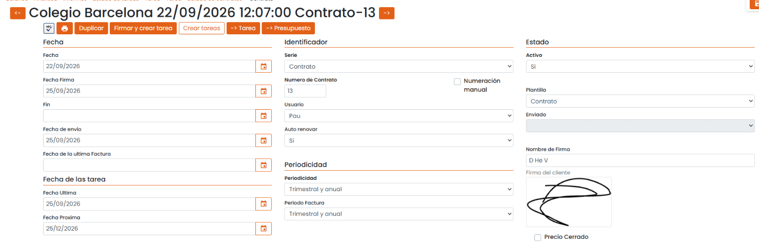 Ficha de un contrato de mantenimiento en Befire con la firma del cliente y el botón Firmar y crear tarea