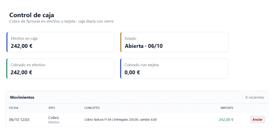 Control de caja de Befire con efectivo en caja, cobros en efectivo y con tarjeta y un cobro con el cambio calculado
