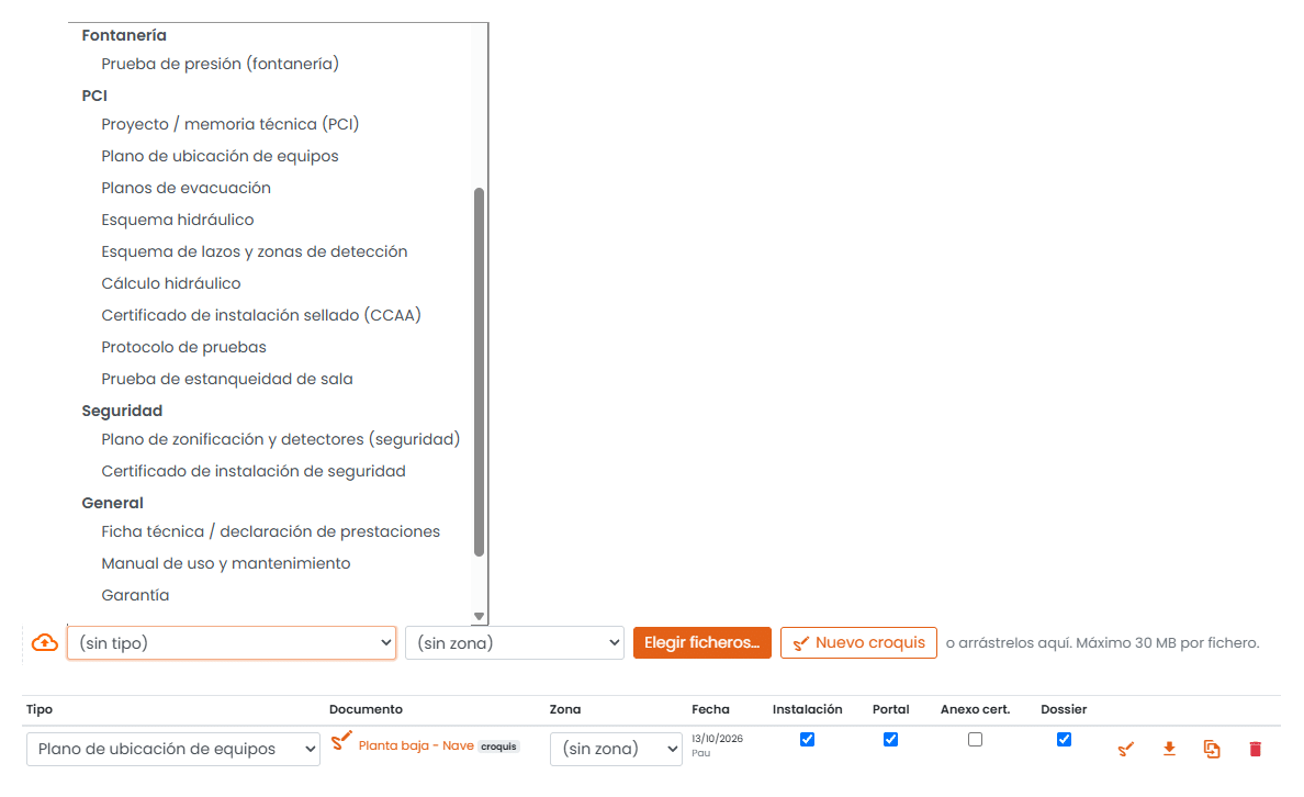 Documentos de la instalación en Befire clasificados por tipo, con el croquis y las casillas Instalación, Portal, Anexo al certificado y Dossier