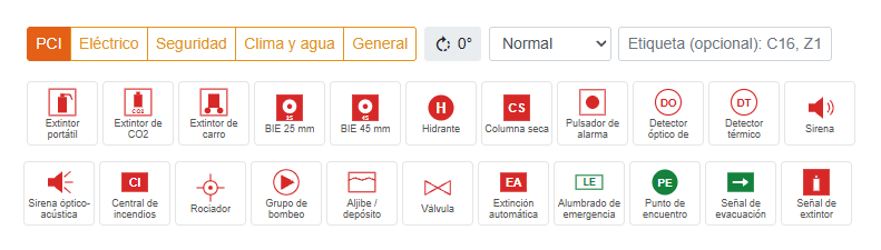 Paleta de símbolos de PCI del editor de planos de Befire con extintores, BIE, detectores, sirenas y señales