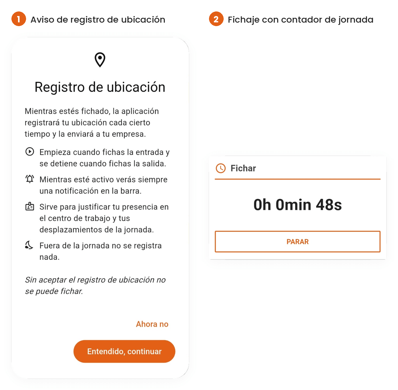 App móvil de Befire: aviso de registro de ubicación al fichar y contador de la jornada