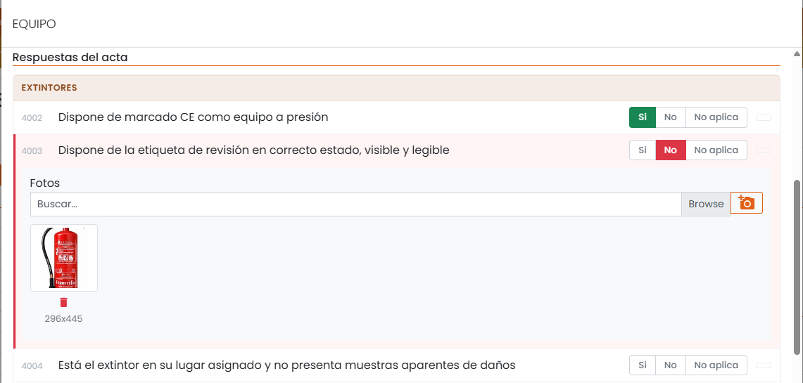 Respuestas del acta en la web de Befire con una foto adjunta a la pregunta