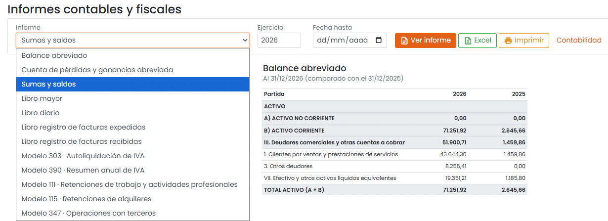 Informes contables y fiscales de Befire: balance abreviado, pérdidas y ganancias, sumas y saldos, libro mayor, libros registro y modelos