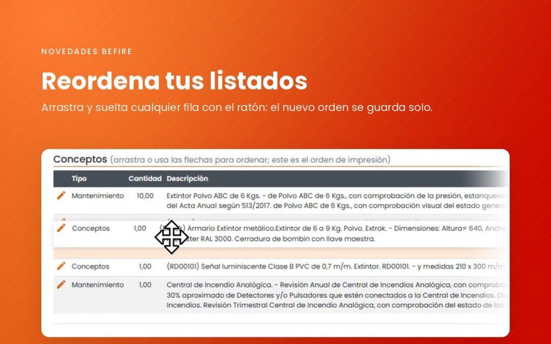 Fila de un listado de Befire arrastrándose a una nueva posición