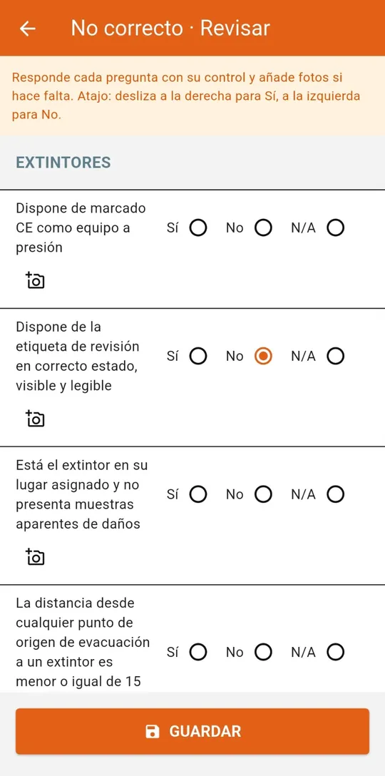 Cuestionario de revisión con Sí, No y N/A