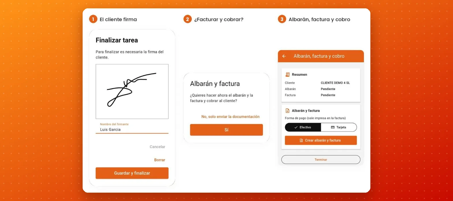 App móvil de Befire: el cliente firma, la app pregunta si facturar y cobrar, y se crean el albarán y la factura