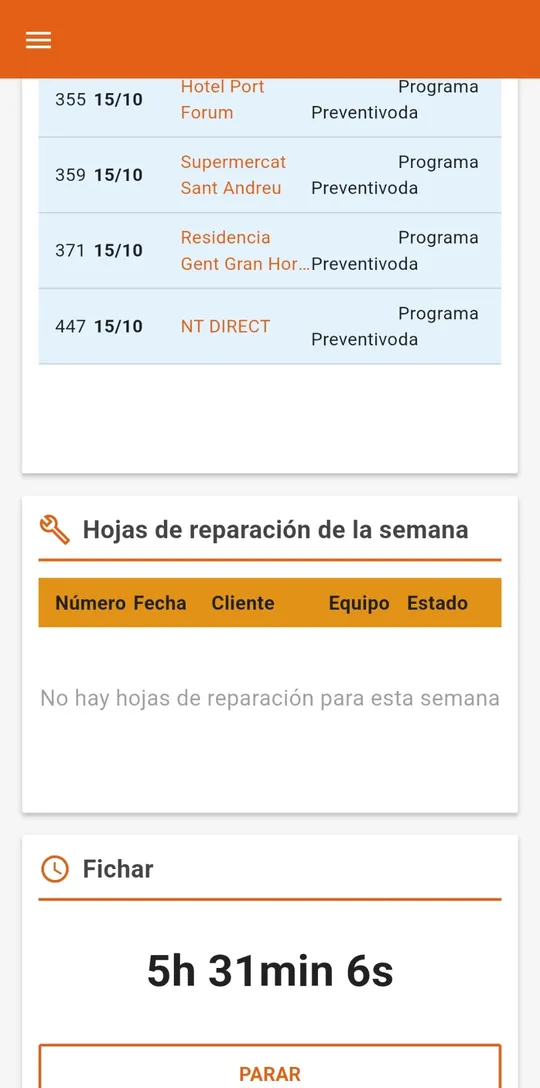 Inicio de la app con las tareas de la semana y el fichaje en marcha