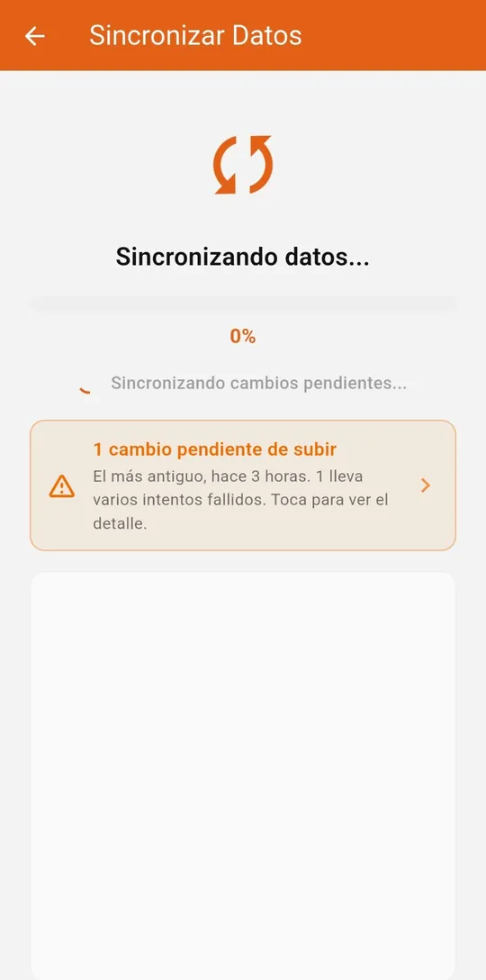 Pantalla de sincronización de la app con un cambio pendiente de subir
