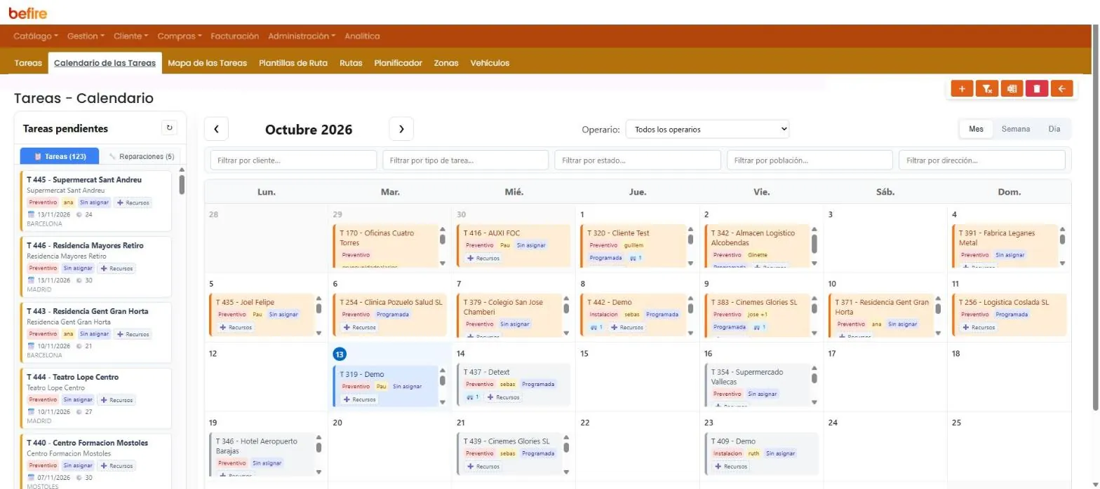 Calendario de tareas de la plataforma web de Befire