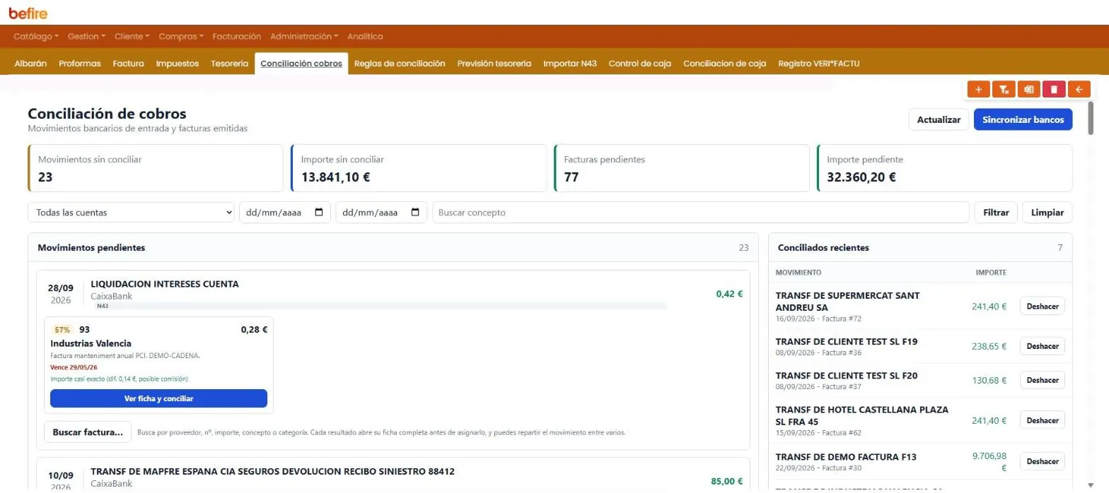 Conciliación de cobros con una sugerencia de factura para un movimiento del banco