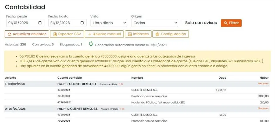 Libro diario de Befire con asientos automáticos de facturas emitidas y avisos de cuentas por configurar