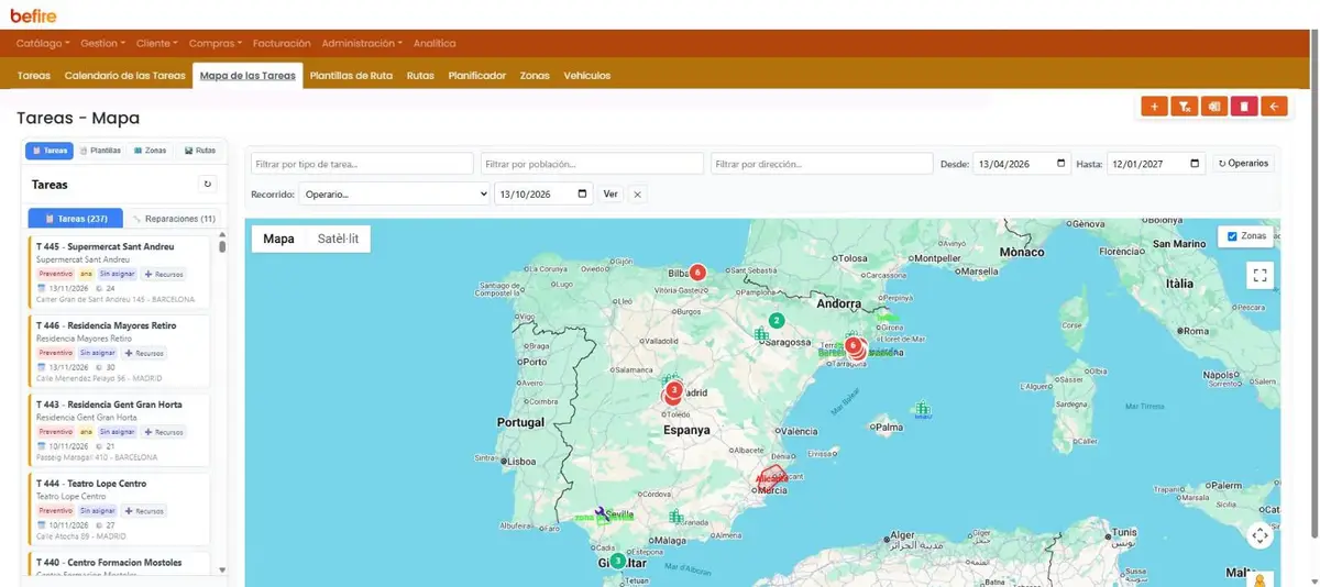 Mapa de tareas que se acerca de toda España a Barcelona, con zonas por técnico