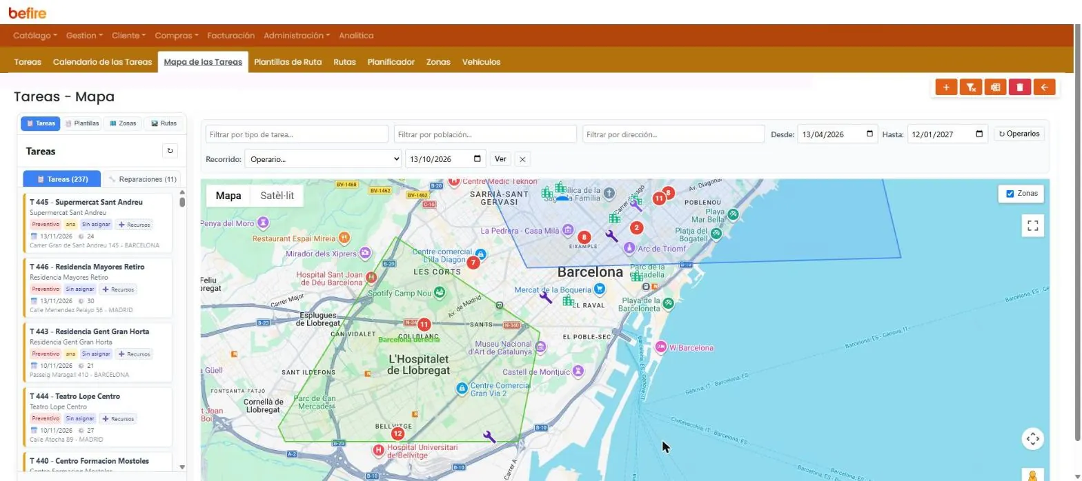 Mapa de tareas con zonas por técnico en Barcelona