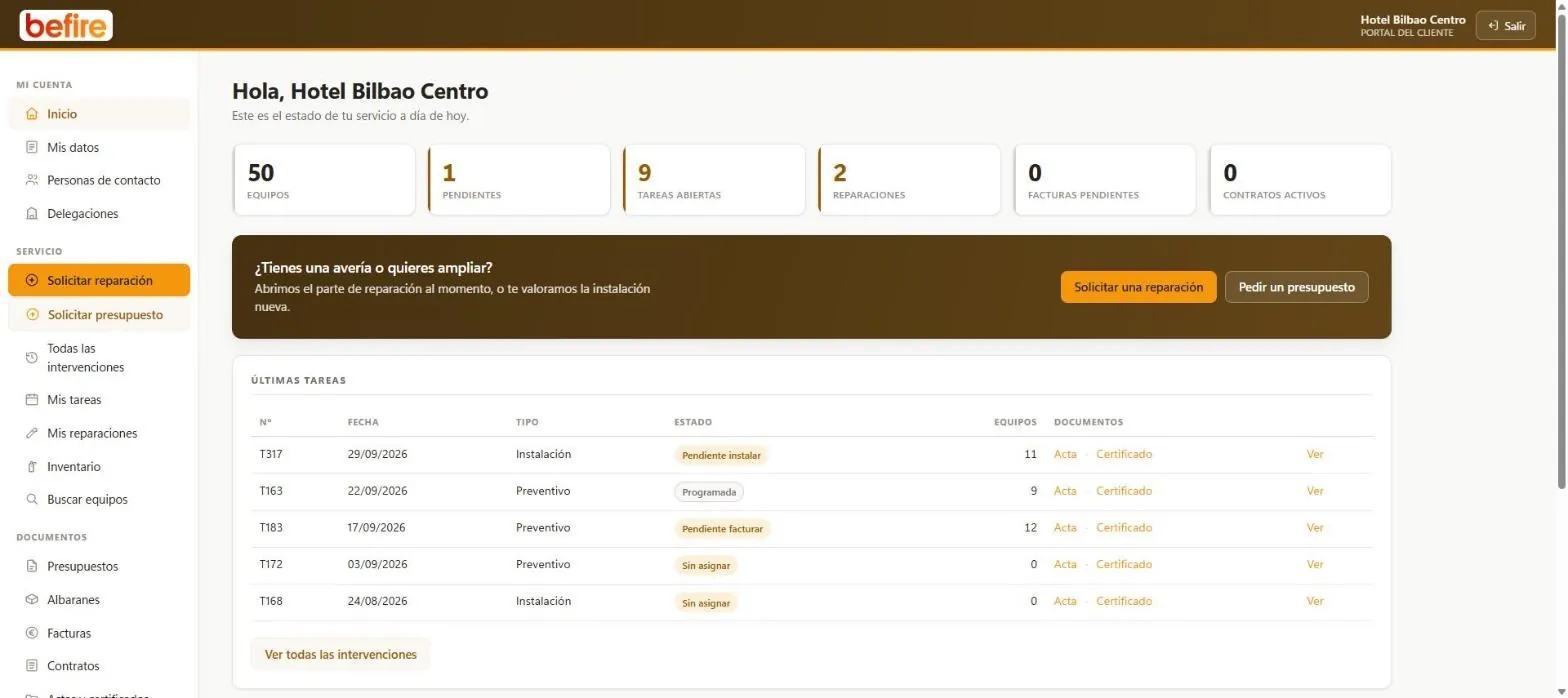 Portal del cliente de Befire con equipos, tareas abiertas, reparaciones y últimas actas